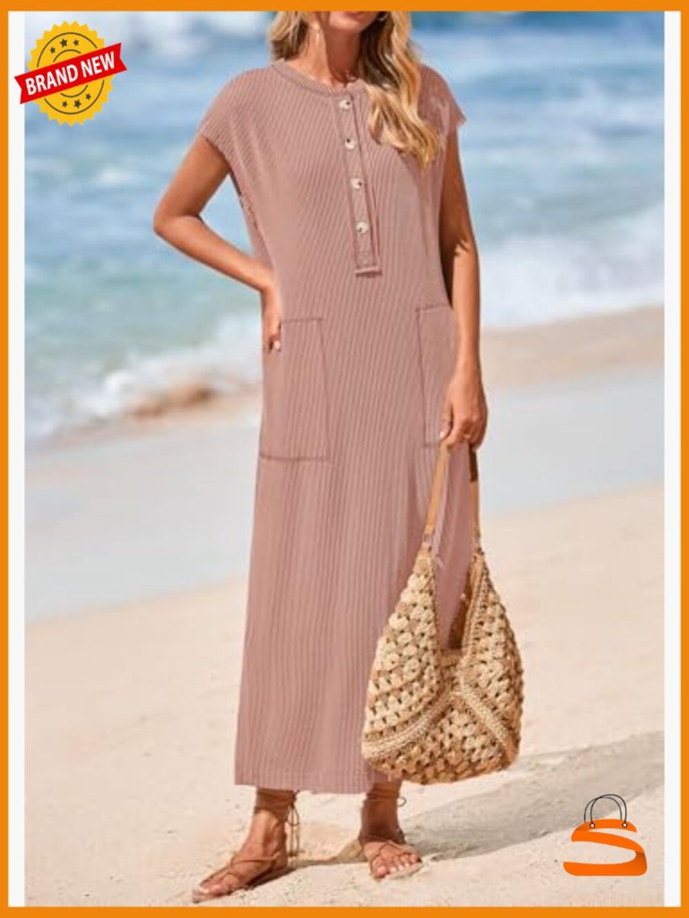 Ribbed Knit Henley Maxi Dress with Pockets Summer Dress - Picture 4 of 7